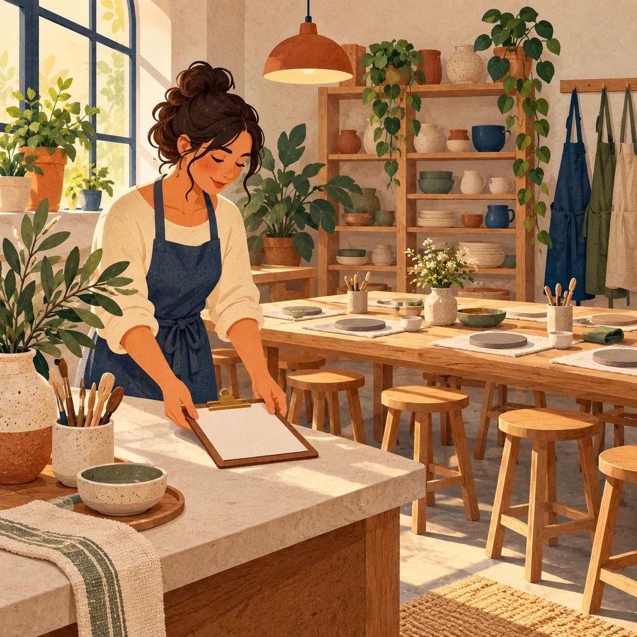 A studio owner places a clipboard on a counter beside a pottery-workshop table set with stools and tools.