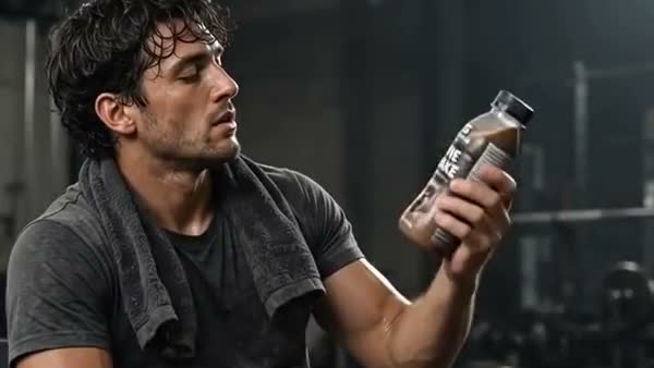 Opening reference: a man holding a product bottle